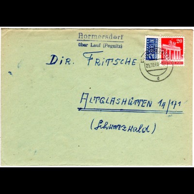 BRD 1949, Landpost Stpl. HORMERSDORF über Lauf auf Brief m. 20 Pf. Bauten