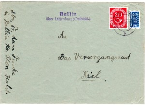 BRD 1953, Landpost Stpl. BELLIN über Lütjenburg auf Brief m. 20 Pf. Posthorn.