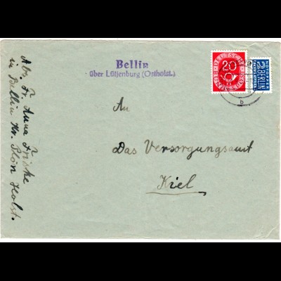 BRD 1953, Landpost Stpl. BELLIN über Lütjenburg auf Brief m. 20 Pf. Posthorn.