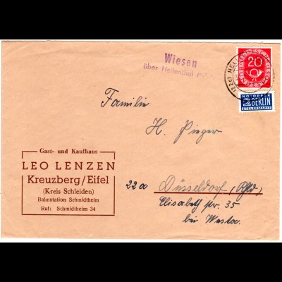 BRD 1952, Landpost Stpl. WIESEN über Hellenthal auf Firmen Brief m. 20 Pf. 