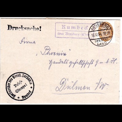 DR 1934, Landpost Stpl. RUMBECK über Arnsberg auf Forst Brief m. 3 Pf. Dienst.