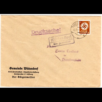 DR 1941, Landpost Stpl. WITTENDORF über Freudenstadt auf Gemeinde Brief m. 3 Pf.