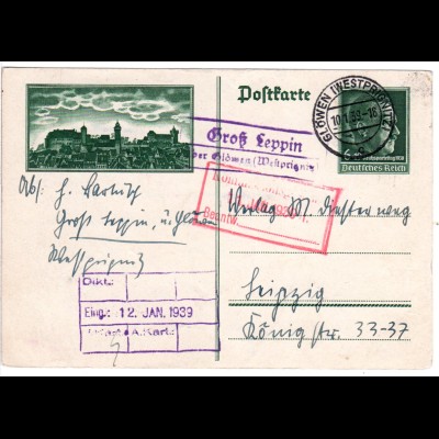 DR 1939, Landpost Stpl. GROSS LEPPIN über Glöwen auf 6 Pf. Bild Ganzsache.