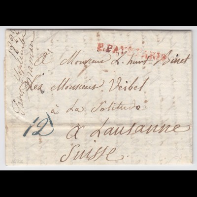 Frankreich 1822, roter L1 "P.PAYÉ PARIS" auf Brief i.d. Schweiz. #1985