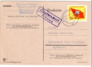 DDR 1963, Landpost Stpl. GÖPFERSDORF über Altenburg auf Karte m. 10 Pf. 