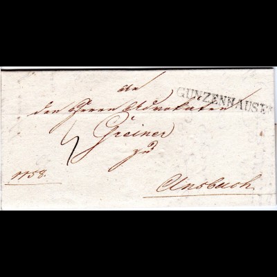 Bayern 1824, L1 GUNZENHAUSEN klar auf Porto Brief n. Ansbach.