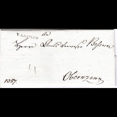 Bayern 1800, L1 V. ANSPACH klar auf sehr schönem Porto Brief n. Obernzenn.
