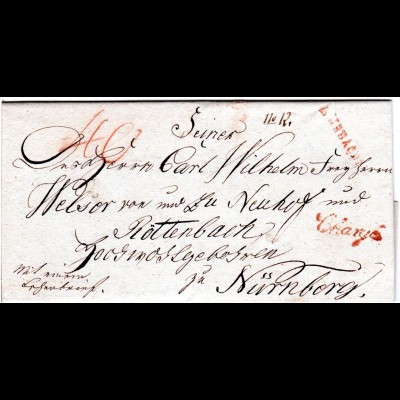 Bayern 1809, roter L1 ANSBACH R.3. u. Chargé klar auf Reko Brief n. Nürnberg.