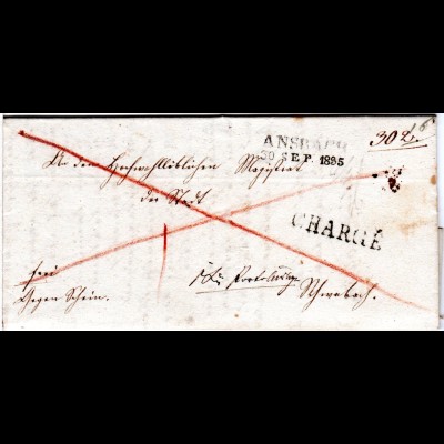 Bayern 1835, L2 ANSBACH u. CHARGÉ klar auf Franko Brief n. Schwabach.