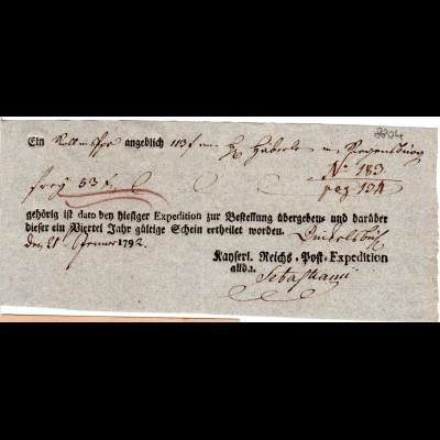 Bayern 1792, Dinkelsbühl, Postschein der Kaiserl. Reichspost m. Unterschrift