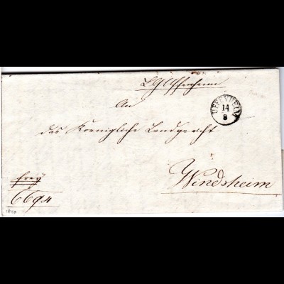 Bayern 1840, Fingerhut Stpl. UFFENHEIM klar auf Franko Brief n. Windsheim.