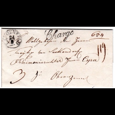 Bayern 1841, Fingerhut Stpl. LANGENFELD u. Chargé auf Porto Brief v. Mkt. Bibart