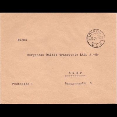 Danzig a 1e 1934, portofreier Brief " Postsache ". Rücks. Amtssiegel. #60