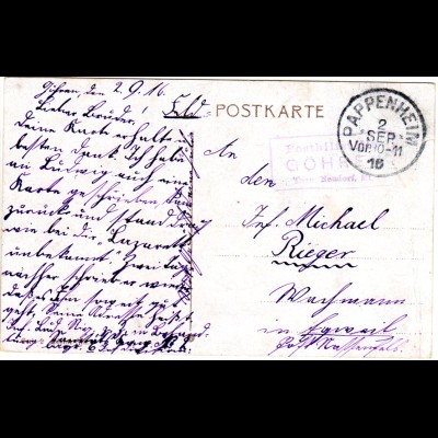 Bayern 1916, Posthilfstelle GÖHREN Taxe Neudorf auf FP Karte m. K1 Pappenheim