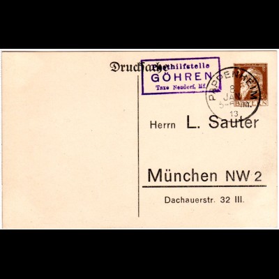 Bayern 1913, Posthilfstelle GÖHREN Taxe Neudorf auf 3 Pf. Sauter Privatganzsache