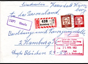 BRD 1963, Landpost Stpl. 2371 HAALE auf Einschreiben Brief m. 20+70 Pf