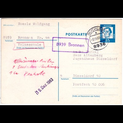 BRD 1963, Landpost Stpl. 8939 BRONNEN auf 15 Pf. Ganzsache v. Buchloe