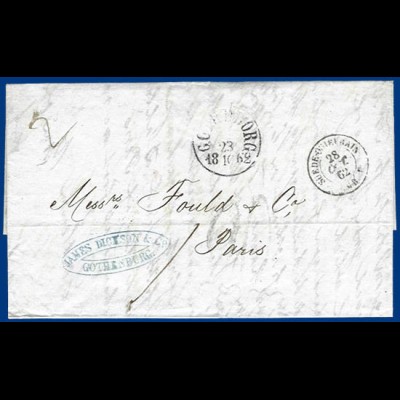 Schweden Frankreich 1862, Göteborg, Brief m. Porto Stpl. "20" u. rs. KSPA. #1053