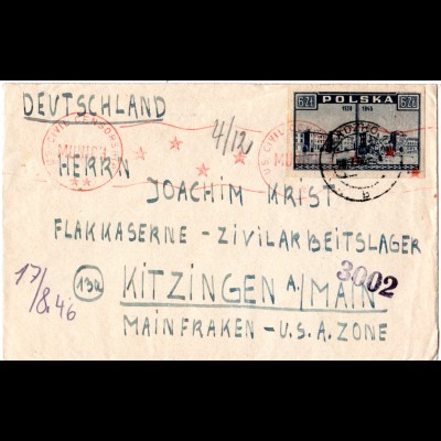 Polen 1946, 6 Zl. auf Zensur Brief v. Kladzko ins Zivilarbeitslager Kitzingen