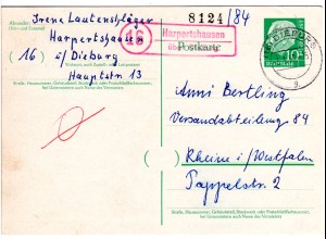BRD 1959, roter (!) Landpost Stpl. 16 HAPERTSHAUISEN über Dieburg auf Ganzsache 