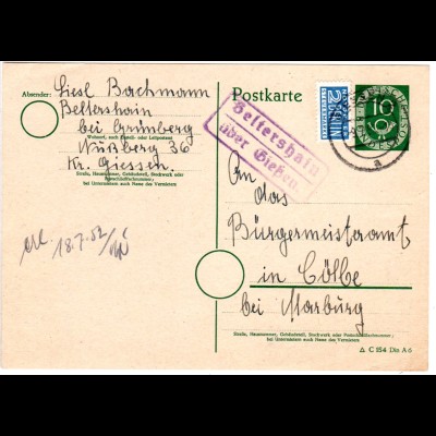 BRD 1952, Landpost Stpl. BELTERSHAIN über Giessen auf 10 Pf. Ganzsache 