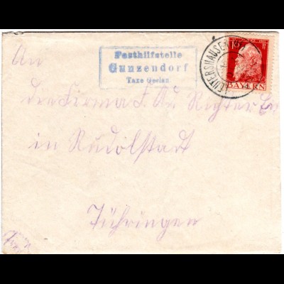 Bayern 1912, Posthilfstelle GUNZENDORF Taxe Geslau auf Brief m. 10 Pf.