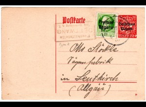 Bayern 1919, Posthilfstelle DETTWANG Taxe Rothenburg auf Ganzsache m. Zusatzfr.