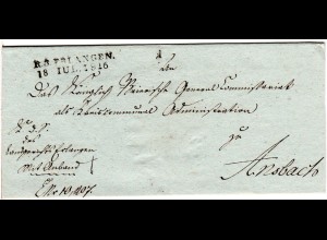 Bayern 1816, L2 R.3. ERLANGEN auf sauberem Brief n. Ansbach.