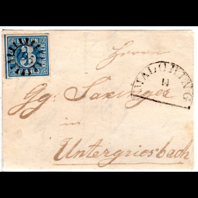 Bayern, MR 195 Malching auf schöner Briefvorderseite m. breitrandiger 3 Kr.