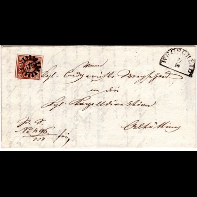 Bayern 1850, MR 375 WEGSCHEID auf Brief m. unten berührter 6 Kr.