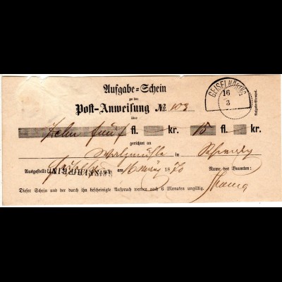 Bayern 1870, GEISELHÖRING, HKS u. L1 auf Postschein f. eine Postanweisung