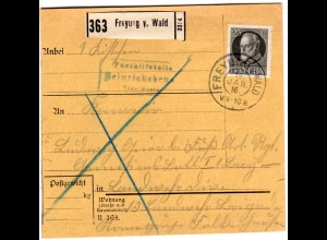 Bayern 1916, Posthilfstelle HEINRICHSBRUNN Taxe Mauth auf Paketkte m. EF 25 Pf.