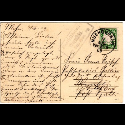 Bayern 1909, Posthilfstelle WERNFELS Taxe Spalt auf Karte m. 5 Pf. v. München