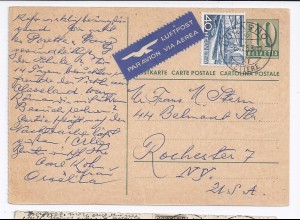 Schweiz 1953, 10 C. Ganzsache m. Zusatzfr. per Luftpost v. Locarne n. USA. #721