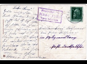 Bayern 1914, Posthilfstelle HASELBACH Taxe Mitterfels auf Karte m. Bahnpost