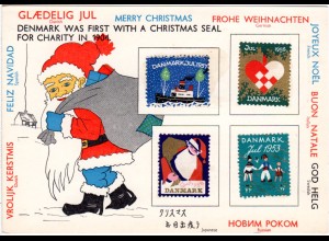 Dänemark, mehrsprachige Glaedelig Jul Weihnachten Karte m. 4 Christmas Seals