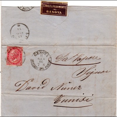 Italien 1866, 60 C. auf Brief v. GENOVA OFFICIO DEL PORTO n. Tunesien. 