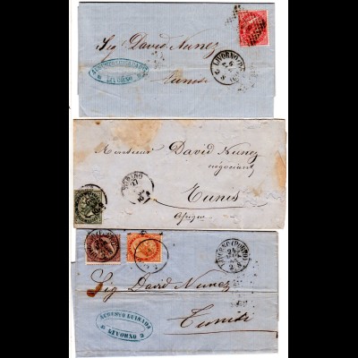 Italien 1865/66, 3 Briefe m. versch. Frankaturen n. Tunesien, dabei Drucksache 