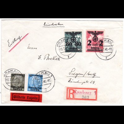 Generalgouvernement 1940, 4 Marken auf Reko-Express Brief v. Krakau