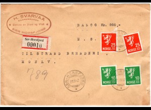 Norwegen 1947, 2x10+2x25 öre auf Wert Brief v. SÖR-HORSFJORD