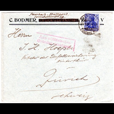 DR 1915, 20 Pf. Germania auf Zensur Brief v. CANNSTADT i.d. Schweiz