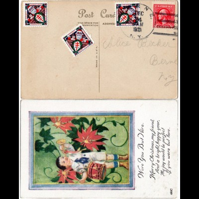 USA 1921, 3 Weihnachten Christmas seals on postcard from N.Y.