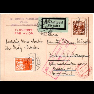Österreich 1927, Luftpost Karte v. Wien n. Dredsen m. Berlin Bestätigungsstpl.