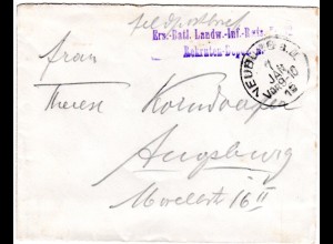 Bayern 1915, K1 NEUBURG a.D. auf Feldpost Brief n. Augsburg m. L2-Briefstempel 