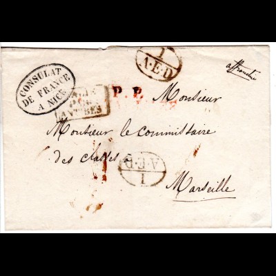 Italien Sardinien 1835, Franco Brief v. Nice n. Frankreich m. Transitstpl. 1AED