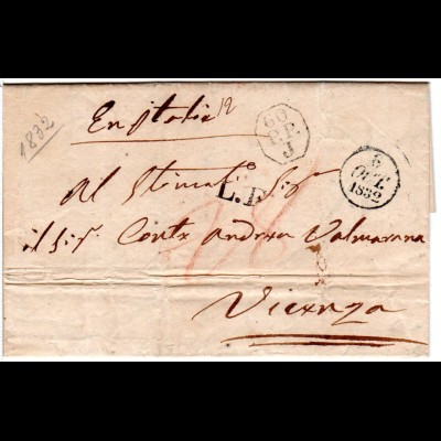 Frankreich 1832, Porto Brief v. Paris n. Vicenza Italien m. Transitstpl.