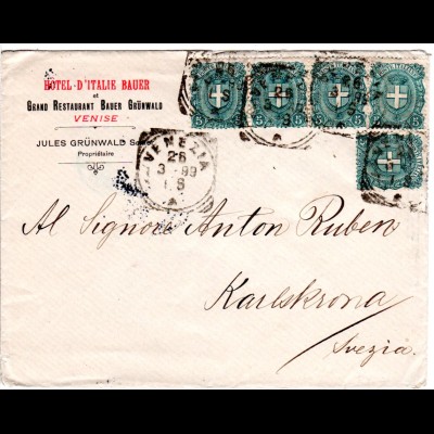 Italien 1899, 5x5 C. auf Hotel Brief v. VENEZIA n. Schweden.
