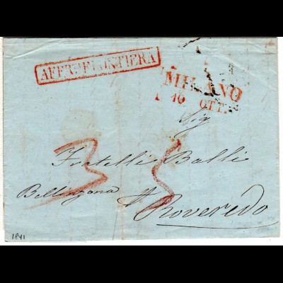 Lombardei & Venetien 1841, R1 AFFRta. FRONTIERA auf Brief v. MILANO n. Roveredo.