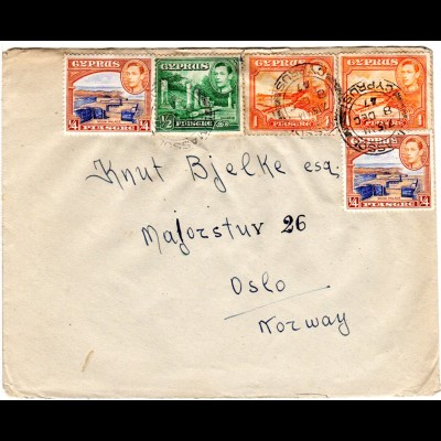 Zypern 1947, 5 Marken auf attraktivem Brief v. Limassol n. Oslo, Norwegen.