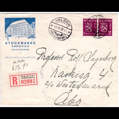 Finnland 1932, Paar 2 M. auf illustriertem Einschreiben Brief v. Helsinki